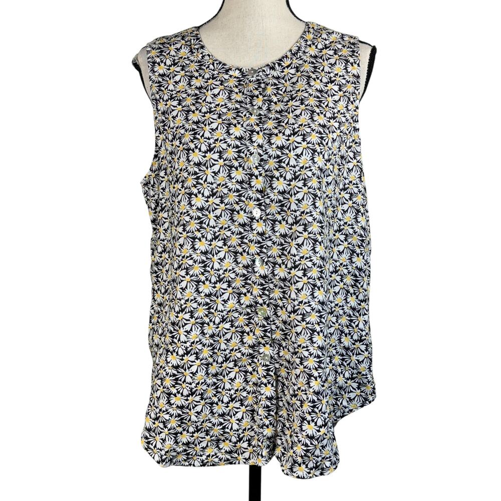 Cynthia Rowley Large Top Button-Up Daisy Floral Sleeveless 100% Linen Multi
